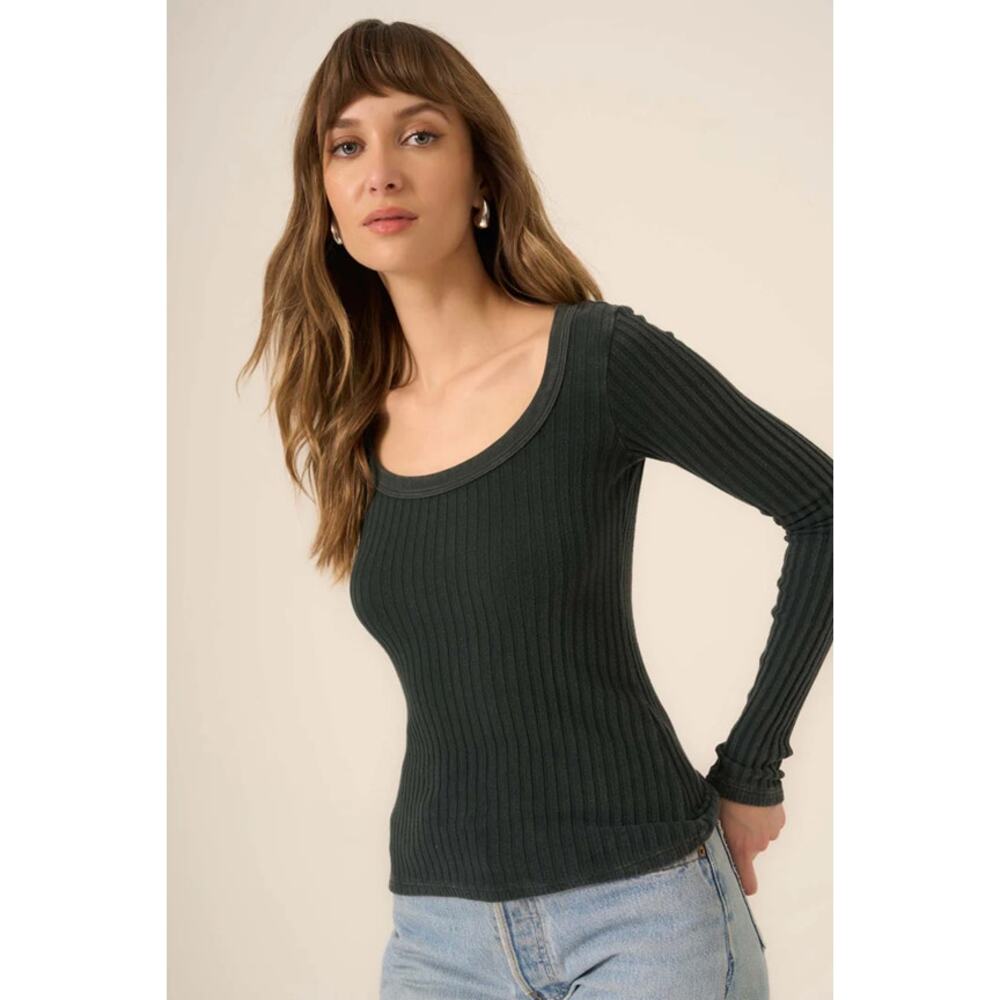 Project Social T What's The Scoop Washed Rib Long Sleeve Top Black L NWT